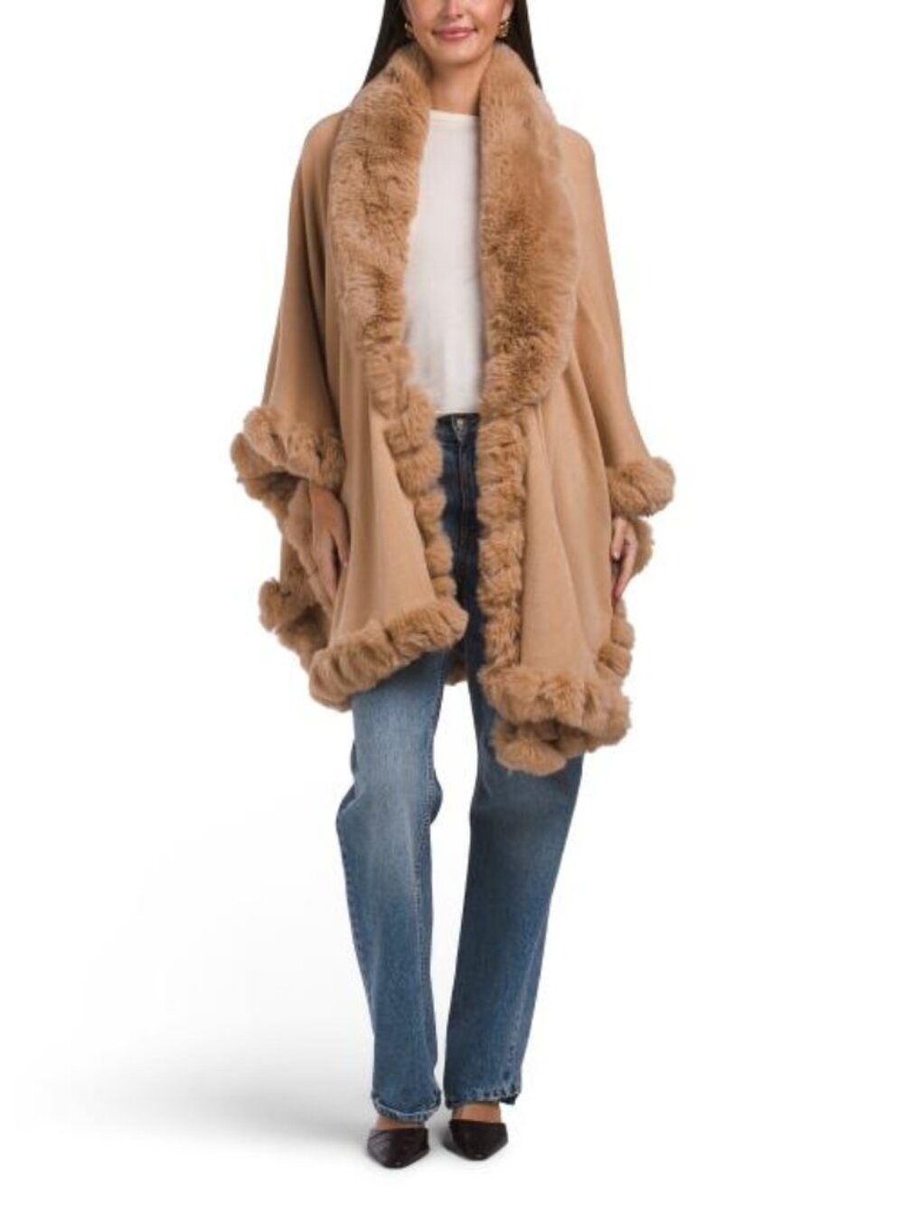 MAX STUDIO Ruana With Faux Mink Fur Trim